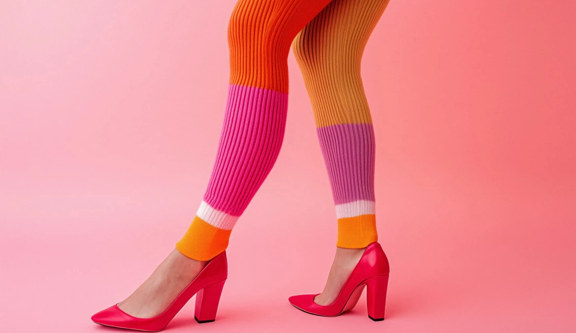 image souliers rouges, bas de jambes avec bas en laine couleurs flsahs rouge orange et rose