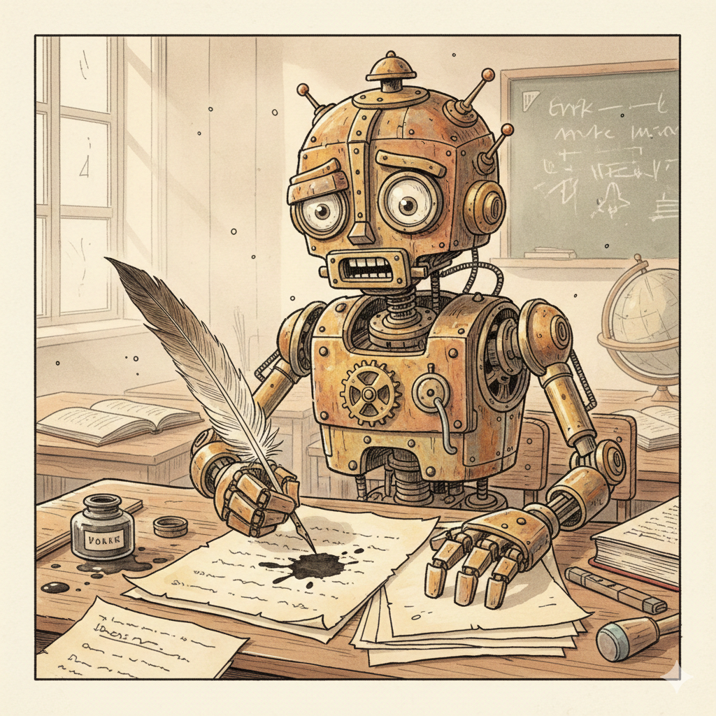 un robot essayant d'écrire à la plume