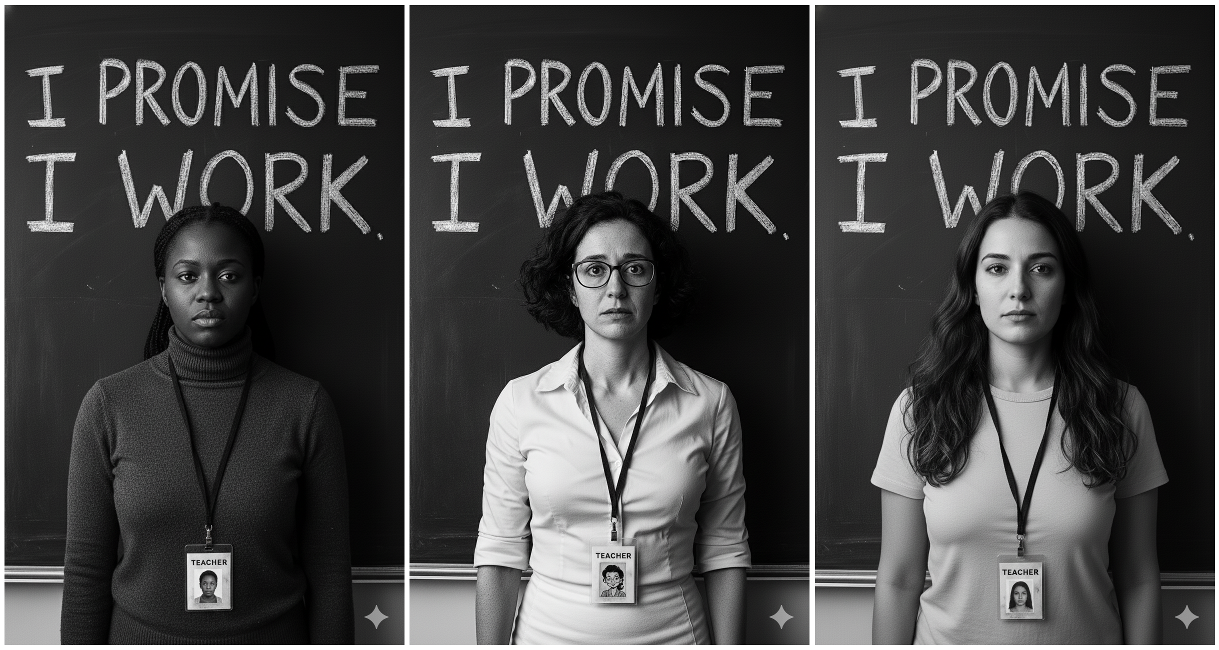 3 enseignantes devant un tableau sur lequel il est écrit 'i promise. i work'